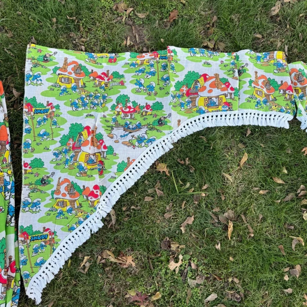 Vintage 70s Smurfs‎ Curtain Set 2 Valances 2 Long Curtians 2 Short Cartoon Retro